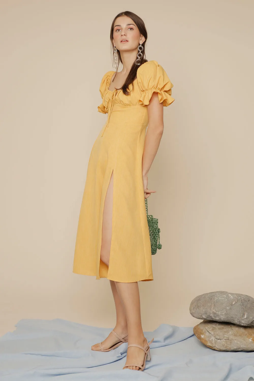 FERNANDA Puff Sleeve Midi Dress with Frill and Drawstring Detail and High Slit (Yellow Chambray)