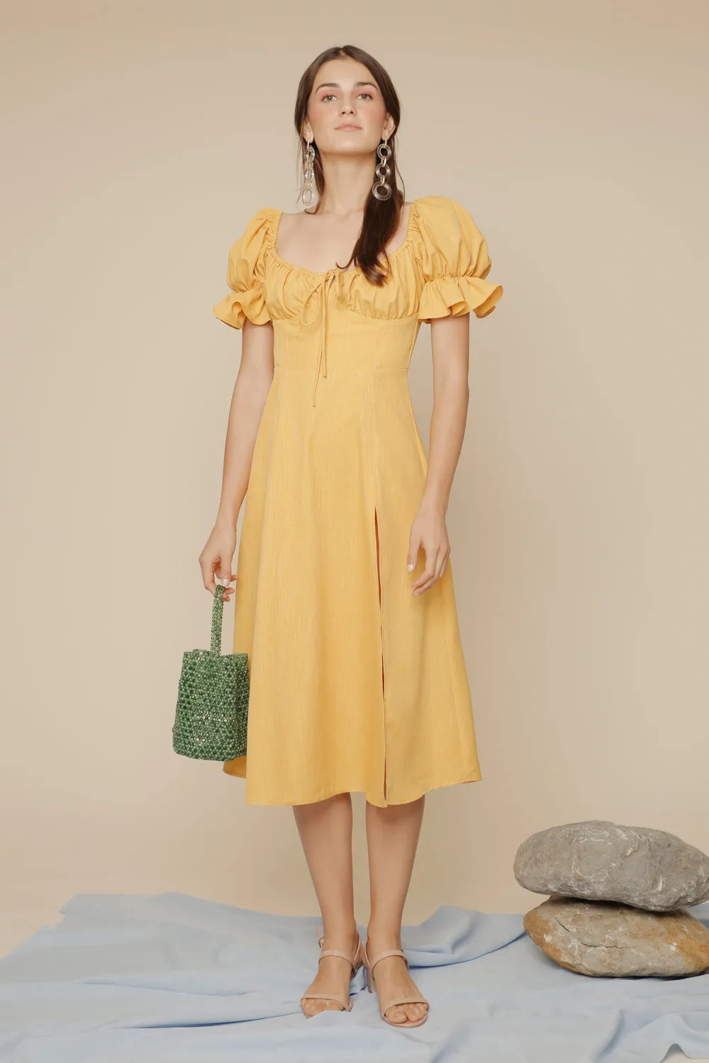 FERNANDA Puff Sleeve Midi Dress with Frill and Drawstring Detail and High Slit (Yellow Chambray)