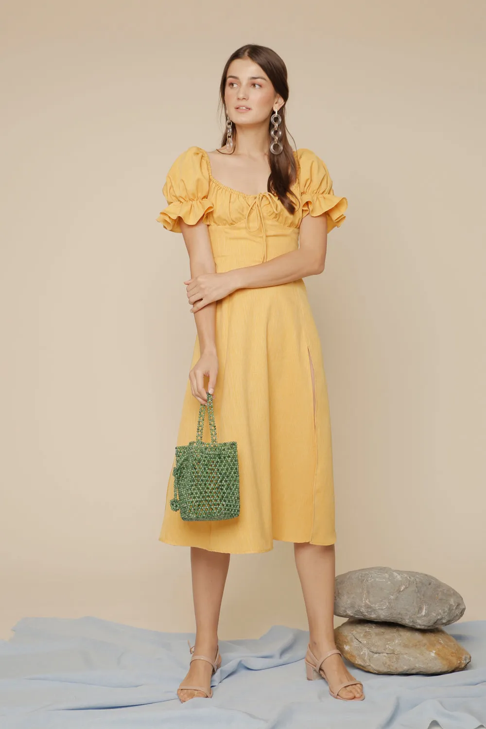 FERNANDA Puff Sleeve Midi Dress with Frill and Drawstring Detail and High Slit (Yellow Chambray)