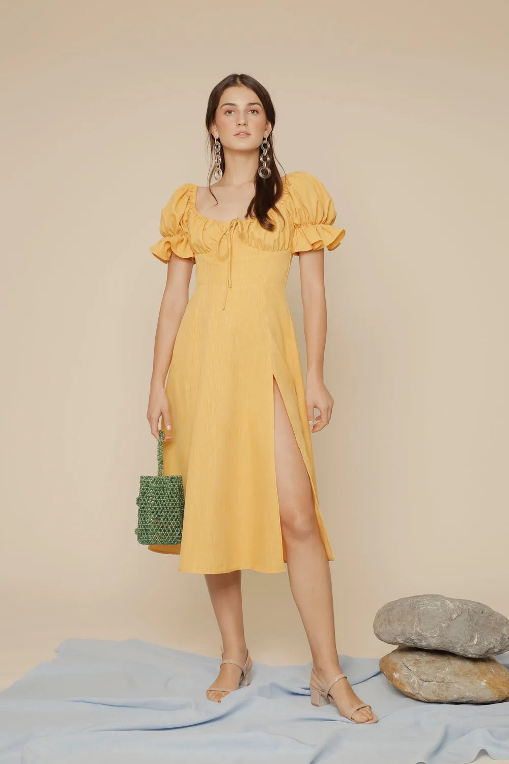 FERNANDA Puff Sleeve Midi Dress with Frill and Drawstring Detail and High Slit (Yellow Chambray)
