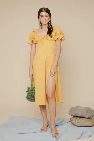 FERNANDA Puff Sleeve Midi Dress with Frill and Drawstring Detail and High Slit (Yellow Chambray)