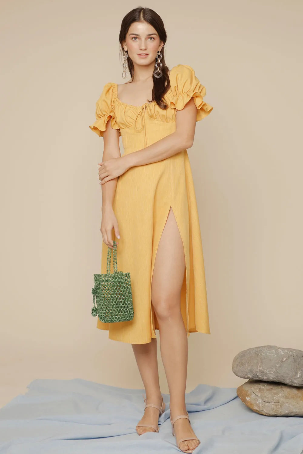FERNANDA Puff Sleeve Midi Dress with Frill and Drawstring Detail and High Slit (Yellow Chambray)
