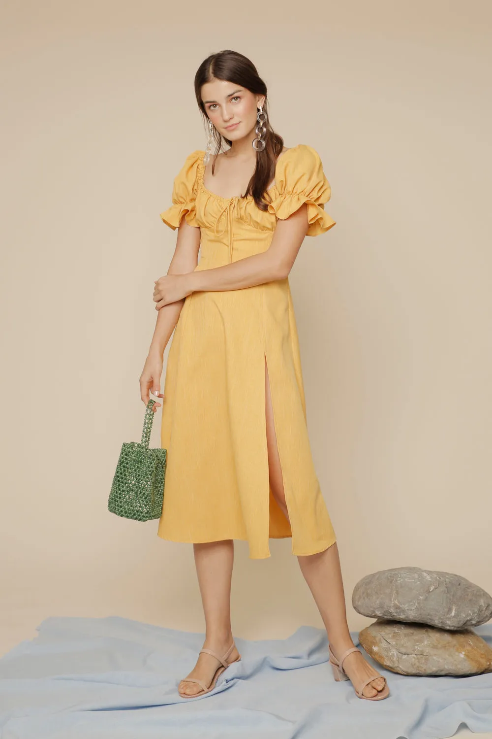 FERNANDA Puff Sleeve Midi Dress with Frill and Drawstring Detail and High Slit (Yellow Chambray)