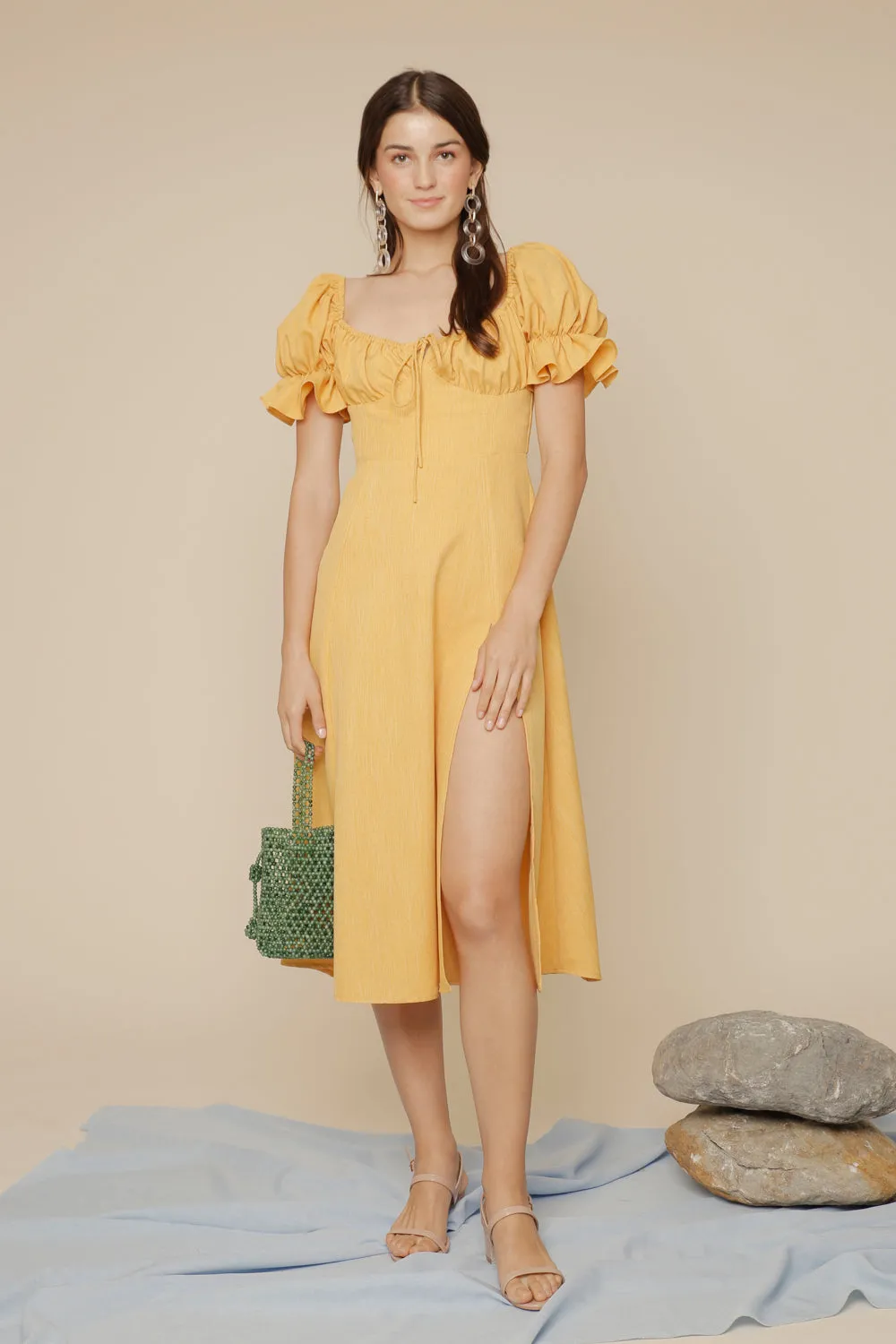 FERNANDA Puff Sleeve Midi Dress with Frill and Drawstring Detail and High Slit (Yellow Chambray)