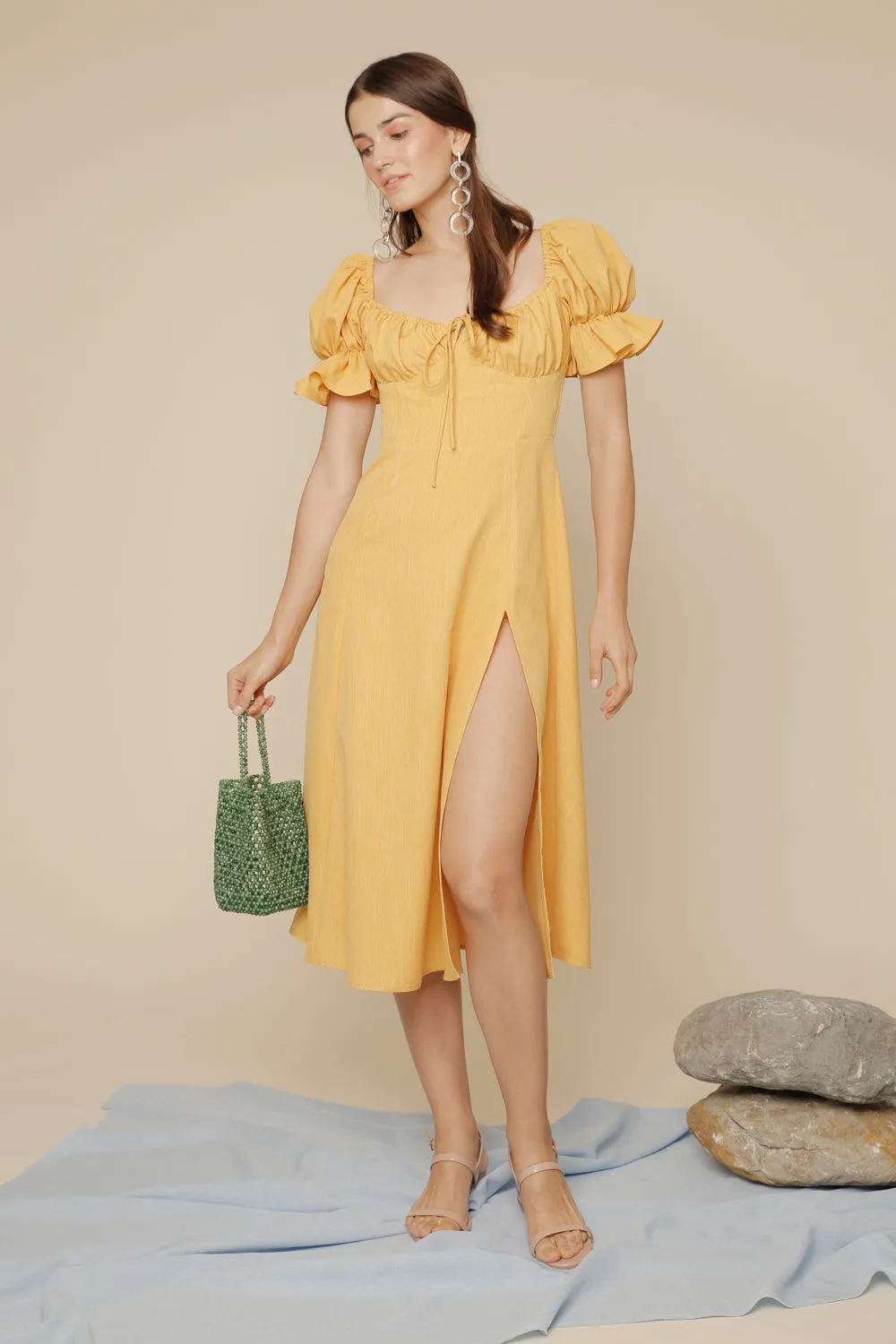 FERNANDA Puff Sleeve Midi Dress with Frill and Drawstring Detail and High Slit (Yellow Chambray)