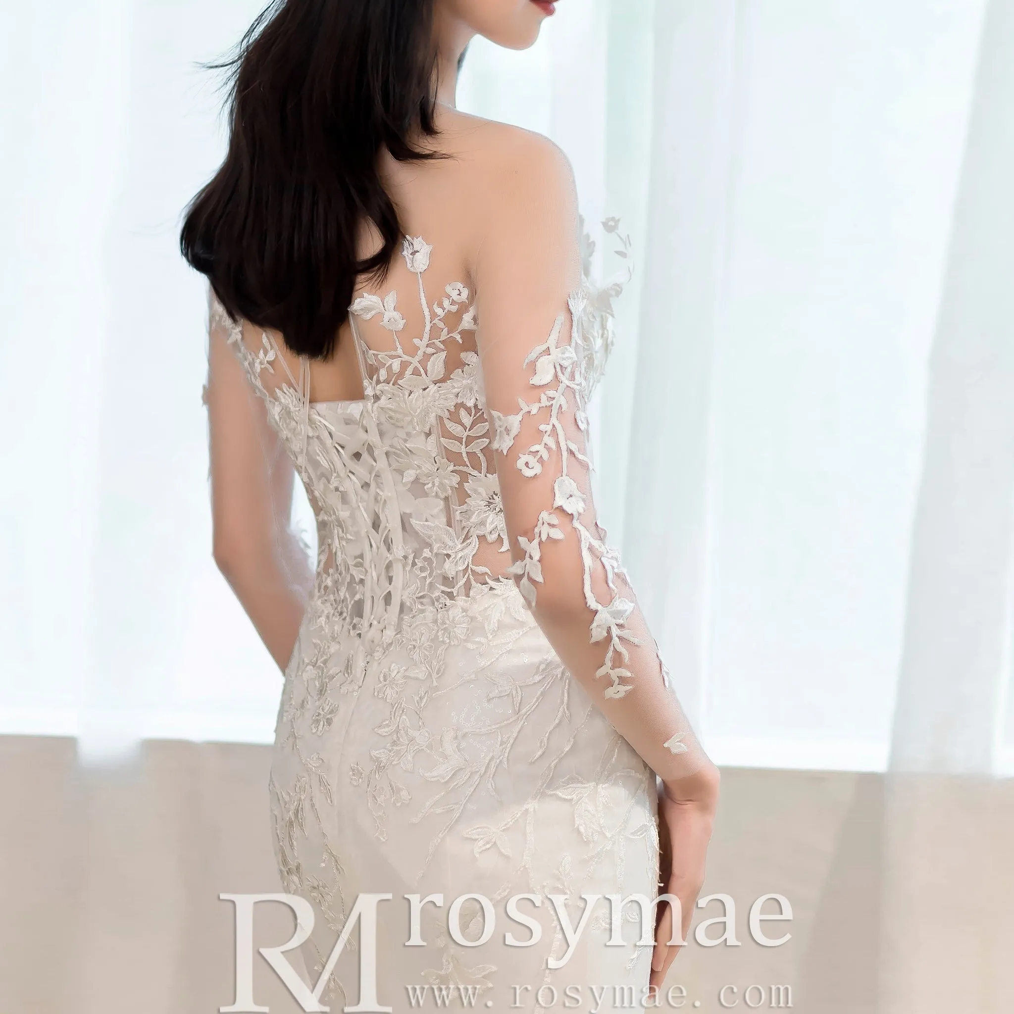 Fit and Flare Tulle Lace Wedding Dress with Long Sleeve