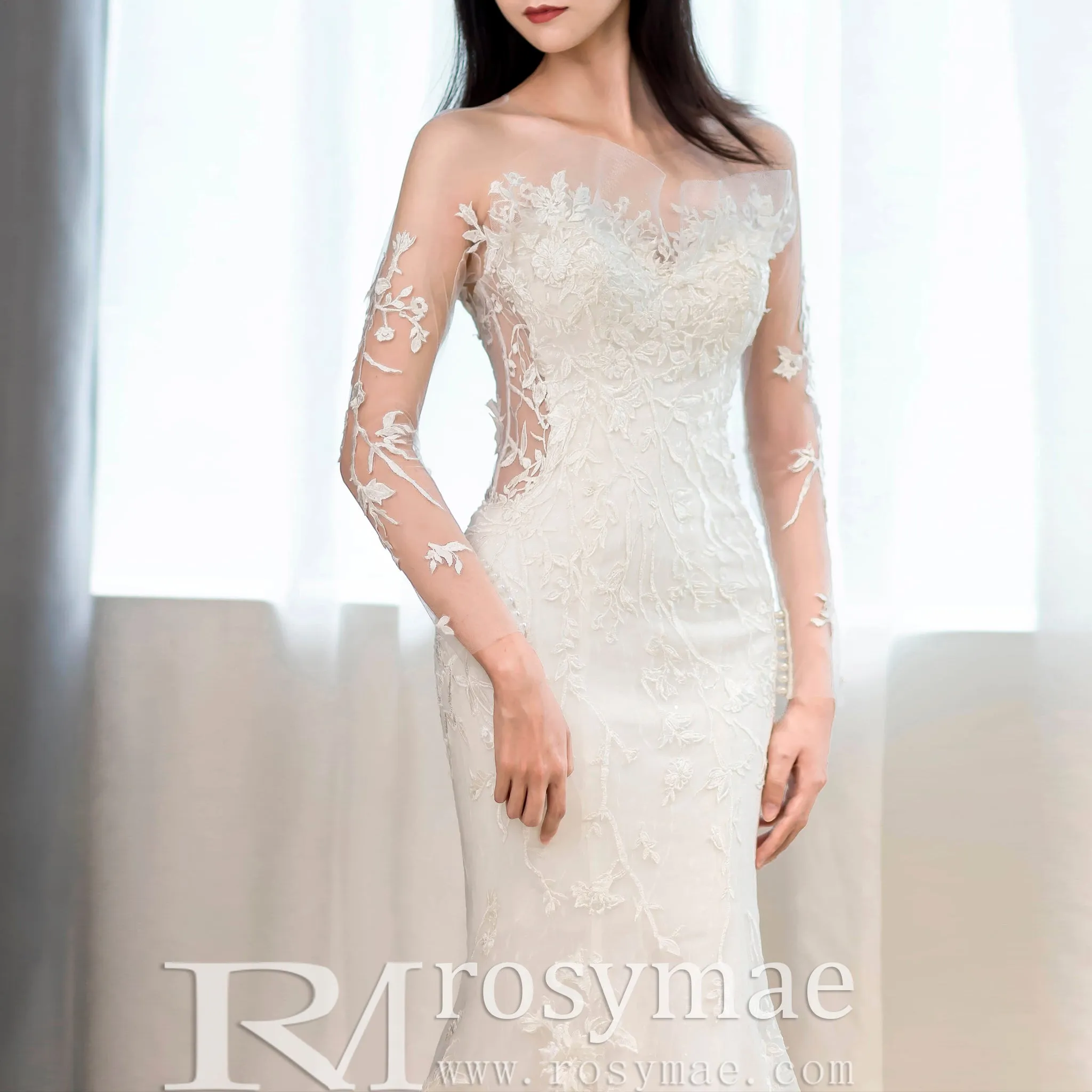 Fit and Flare Tulle Lace Wedding Dress with Long Sleeve