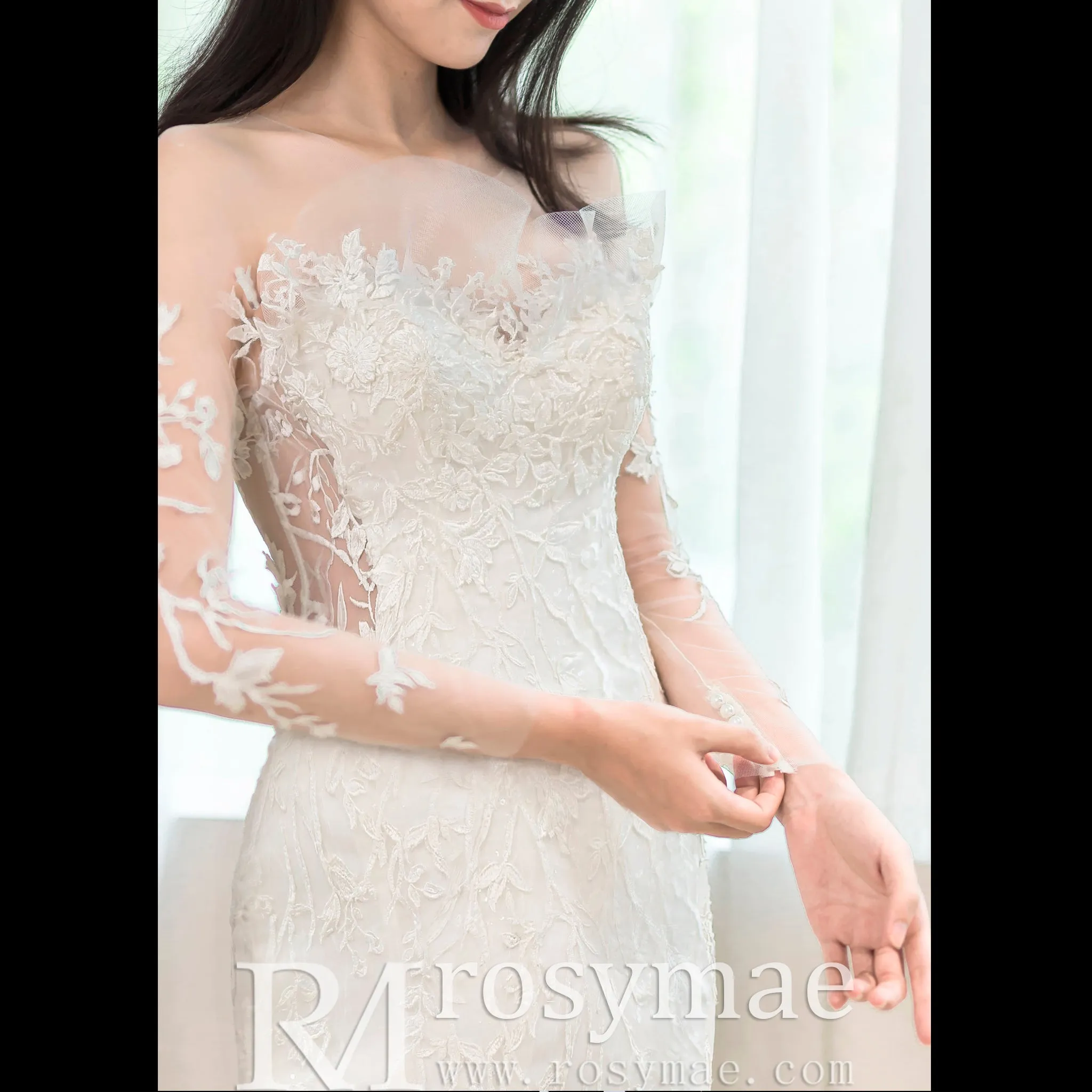 Fit and Flare Tulle Lace Wedding Dress with Long Sleeve