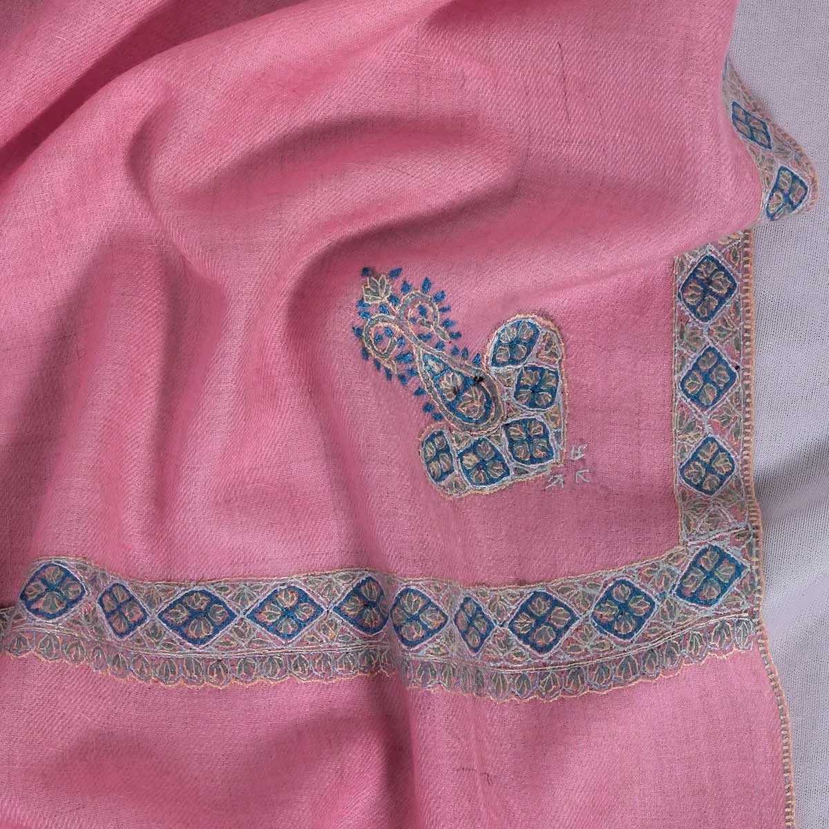 Flamingo Pink sozni Embroidered Hashidaar Pashmina Shawl