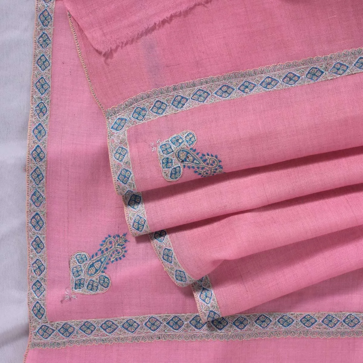 Flamingo Pink sozni Embroidered Hashidaar Pashmina Shawl