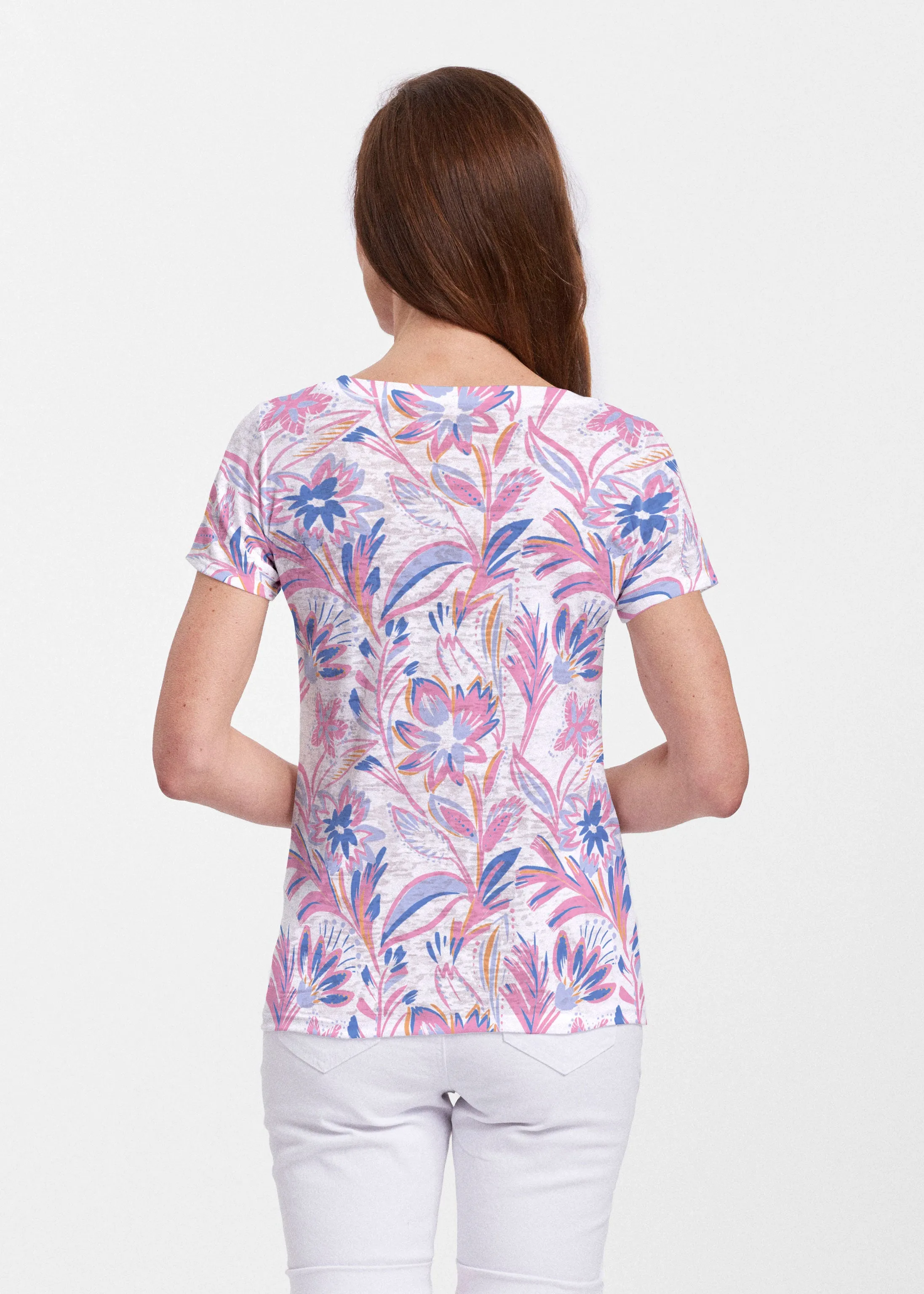 Floral Buds Pink (8032) ~ Sheer Short Sleeve V-Neck Shirt