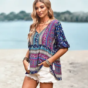 Floral Print Boho Beach Blouses Vintage Short Sleeve V Neck Blouse