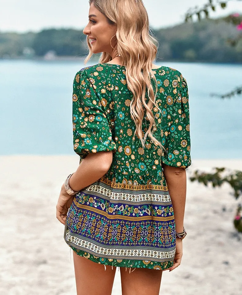 Floral Print Boho Beach Blouses Vintage Short Sleeve V Neck Blouse