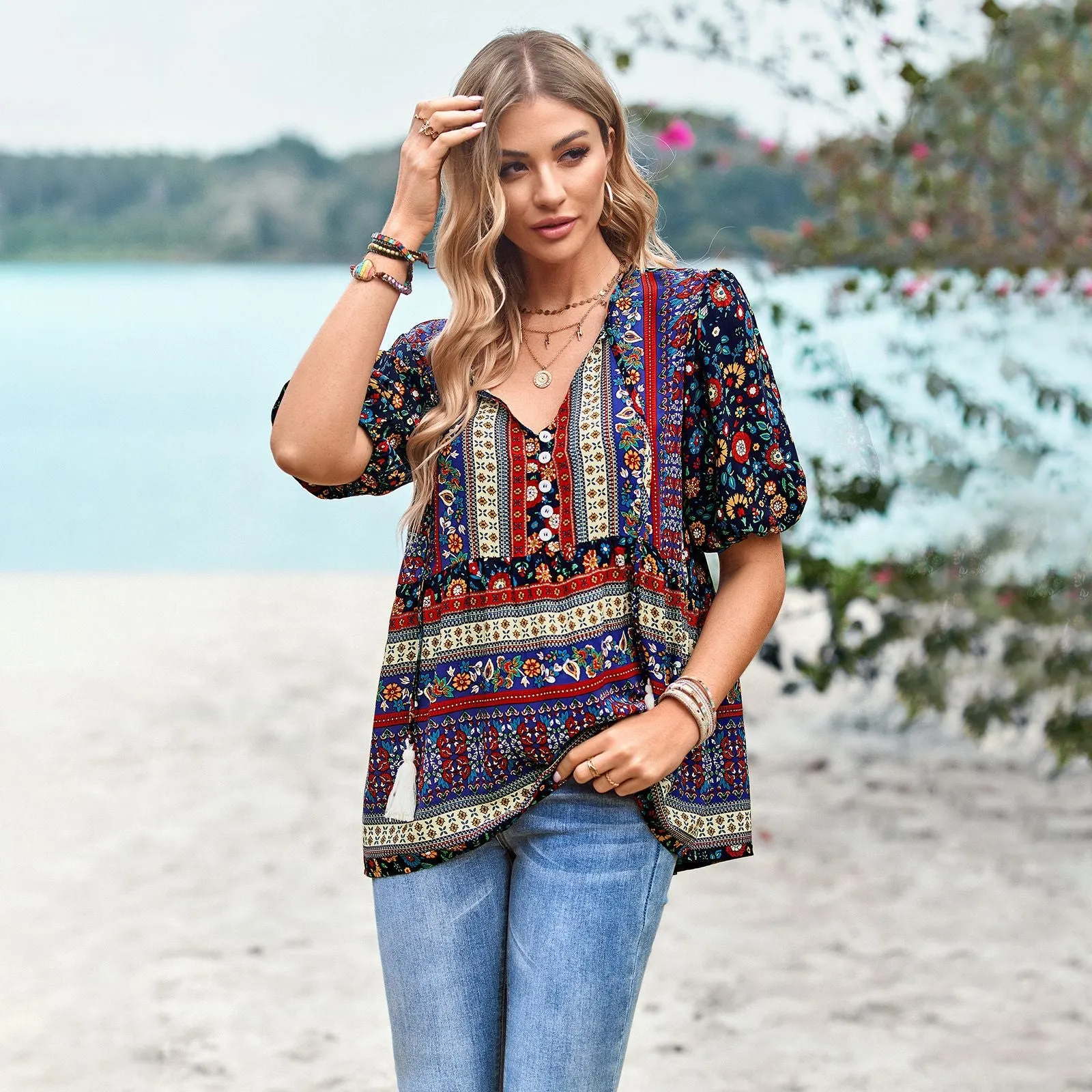 Floral Print Boho Beach Blouses Vintage Short Sleeve V Neck Blouse