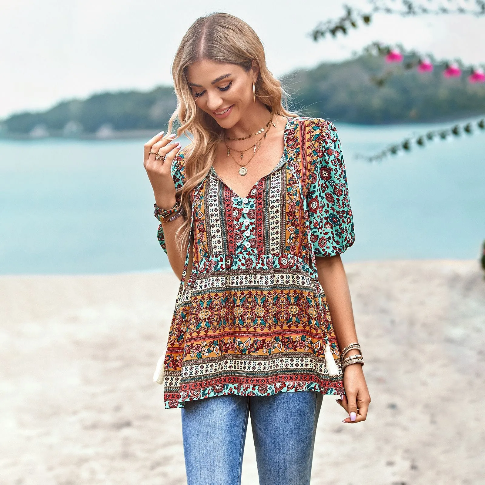 Floral Print Boho Beach Blouses Vintage Short Sleeve V Neck Blouse