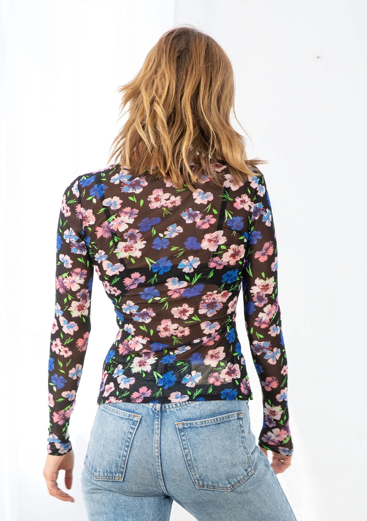 Floral Print Sheer Mesh Long Sleeve Top