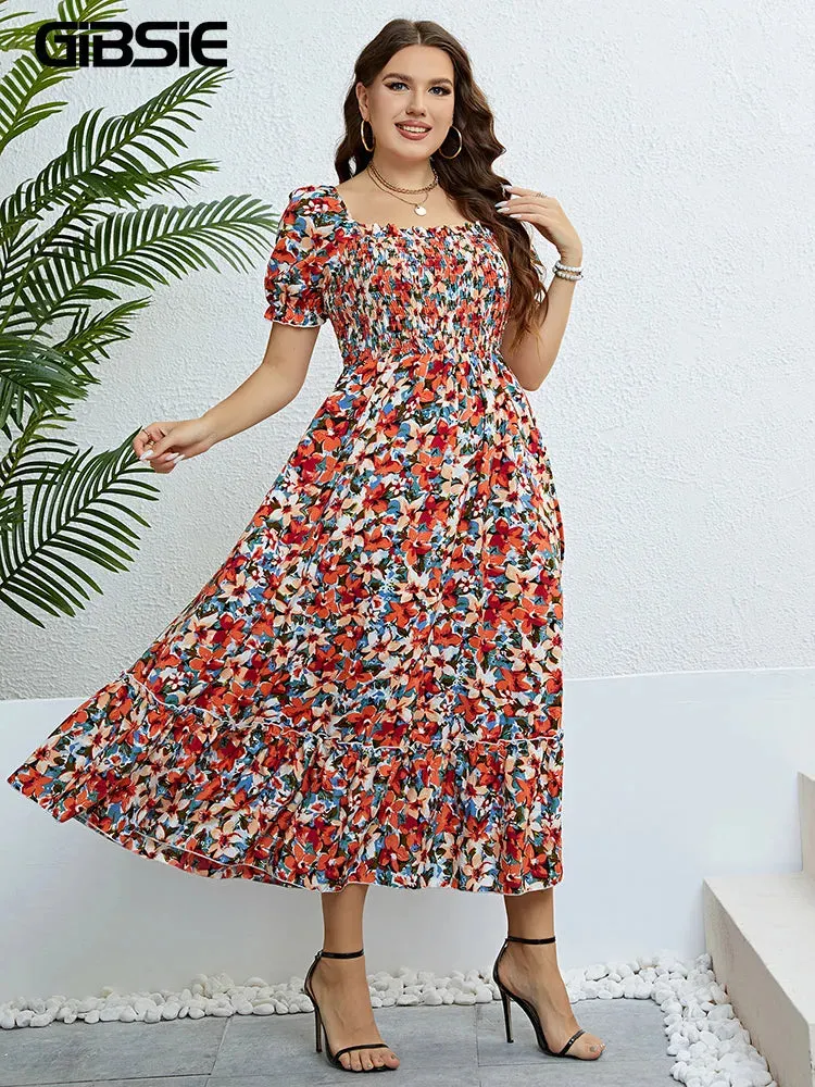 Floral Print Square Neck Puff Sleeve Plus Size Ruffled Long Dress