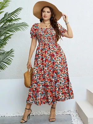 Floral Print Square Neck Puff Sleeve Plus Size Ruffled Long Dress