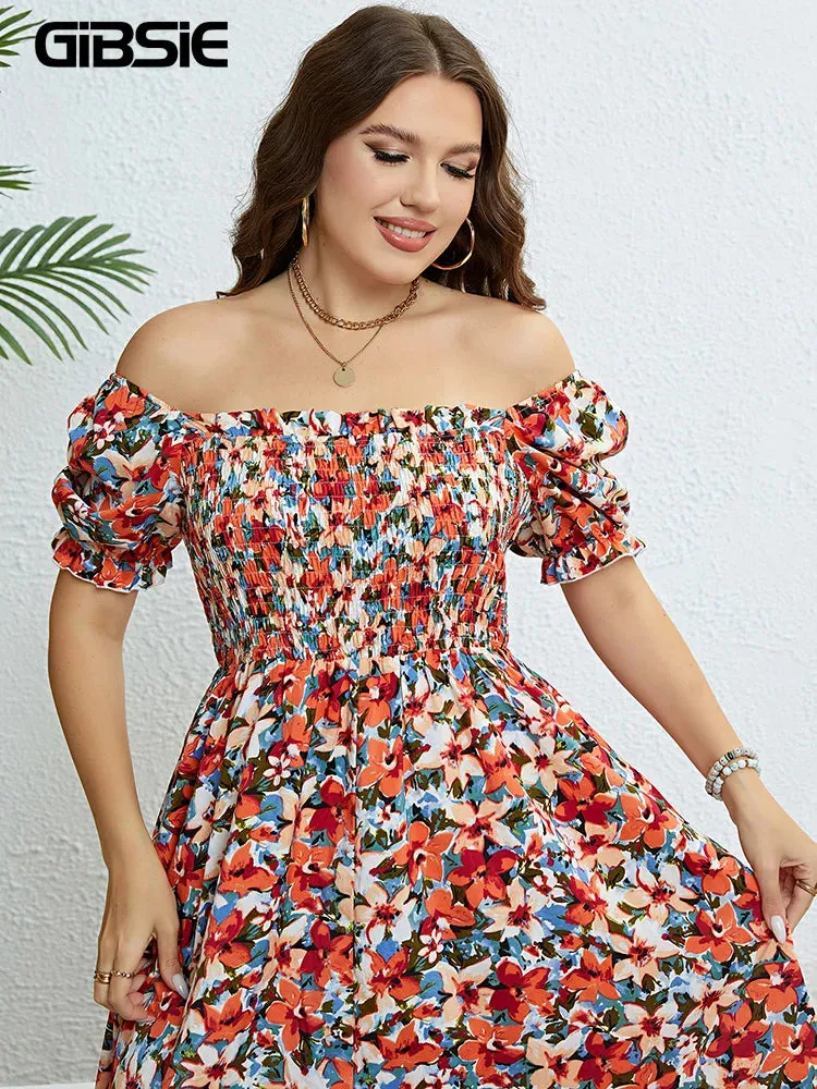 Floral Print Square Neck Puff Sleeve Plus Size Ruffled Long Dress