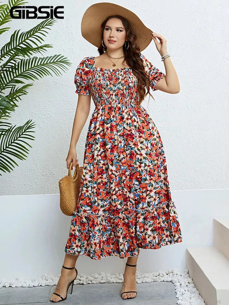 Floral Print Square Neck Puff Sleeve Plus Size Ruffled Long Dress