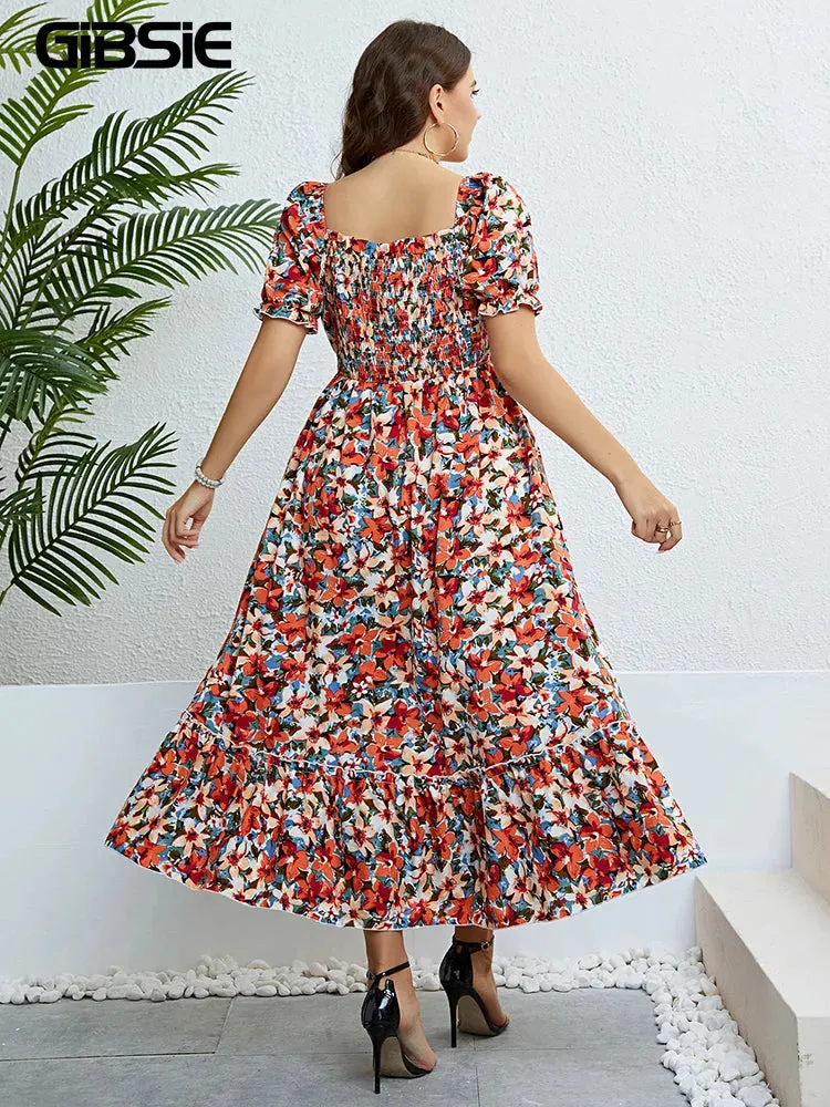 Floral Print Square Neck Puff Sleeve Plus Size Ruffled Long Dress
