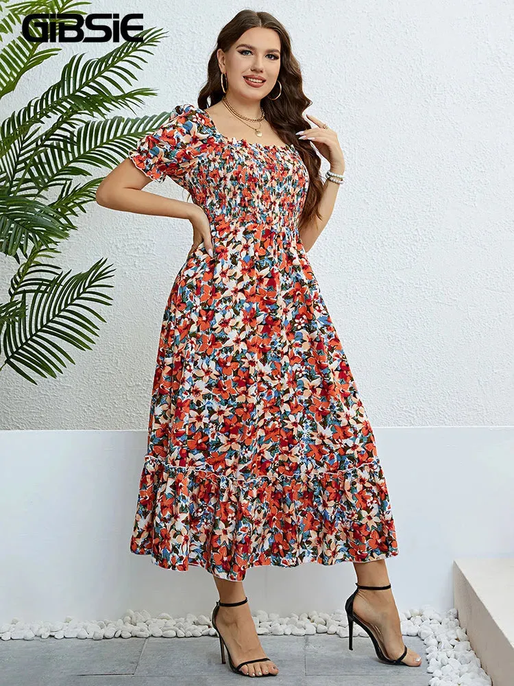 Floral Print Square Neck Puff Sleeve Plus Size Ruffled Long Dress