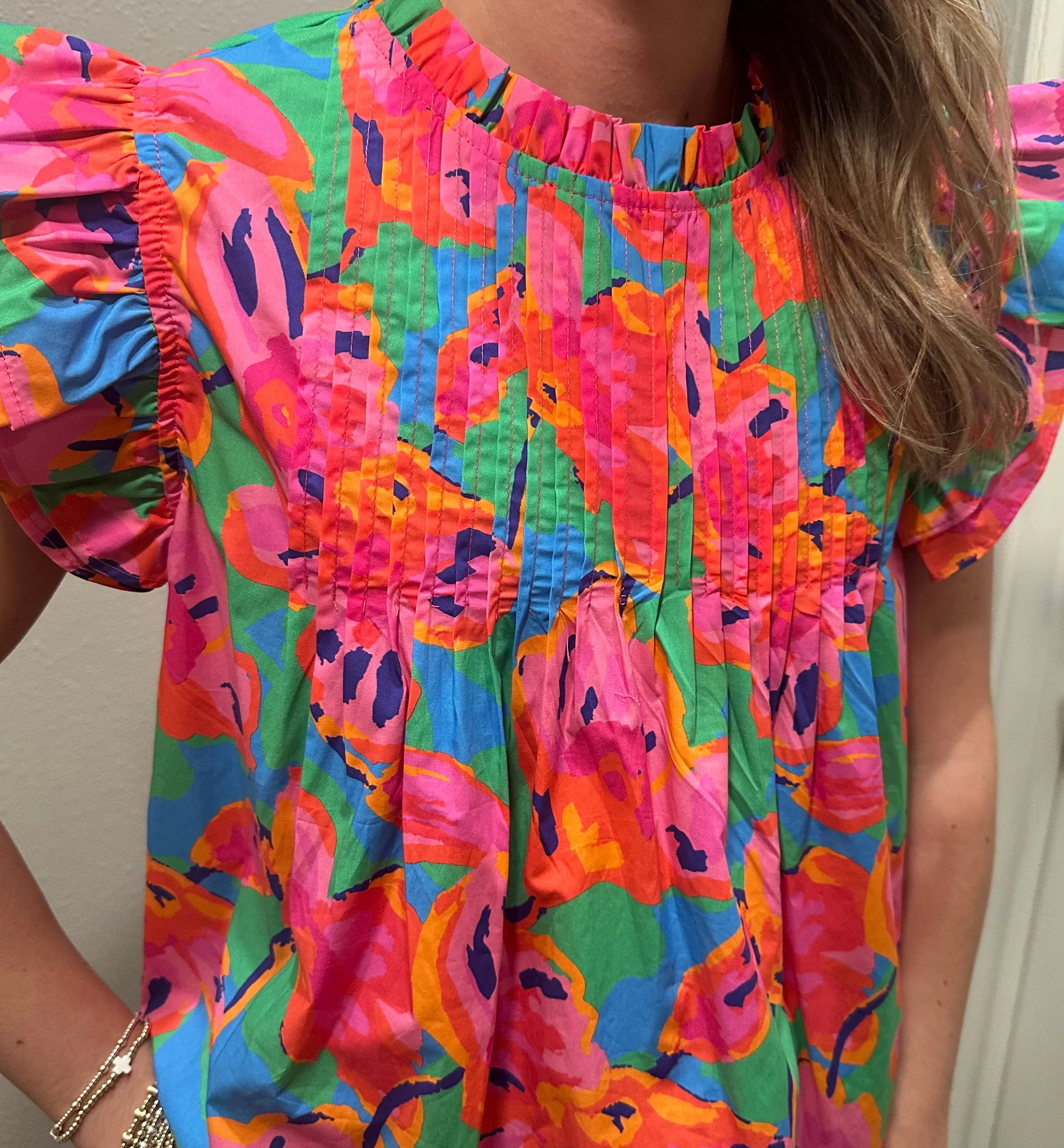 Floral Printed Poplin Tank w/ Ruffle Sleeve Details