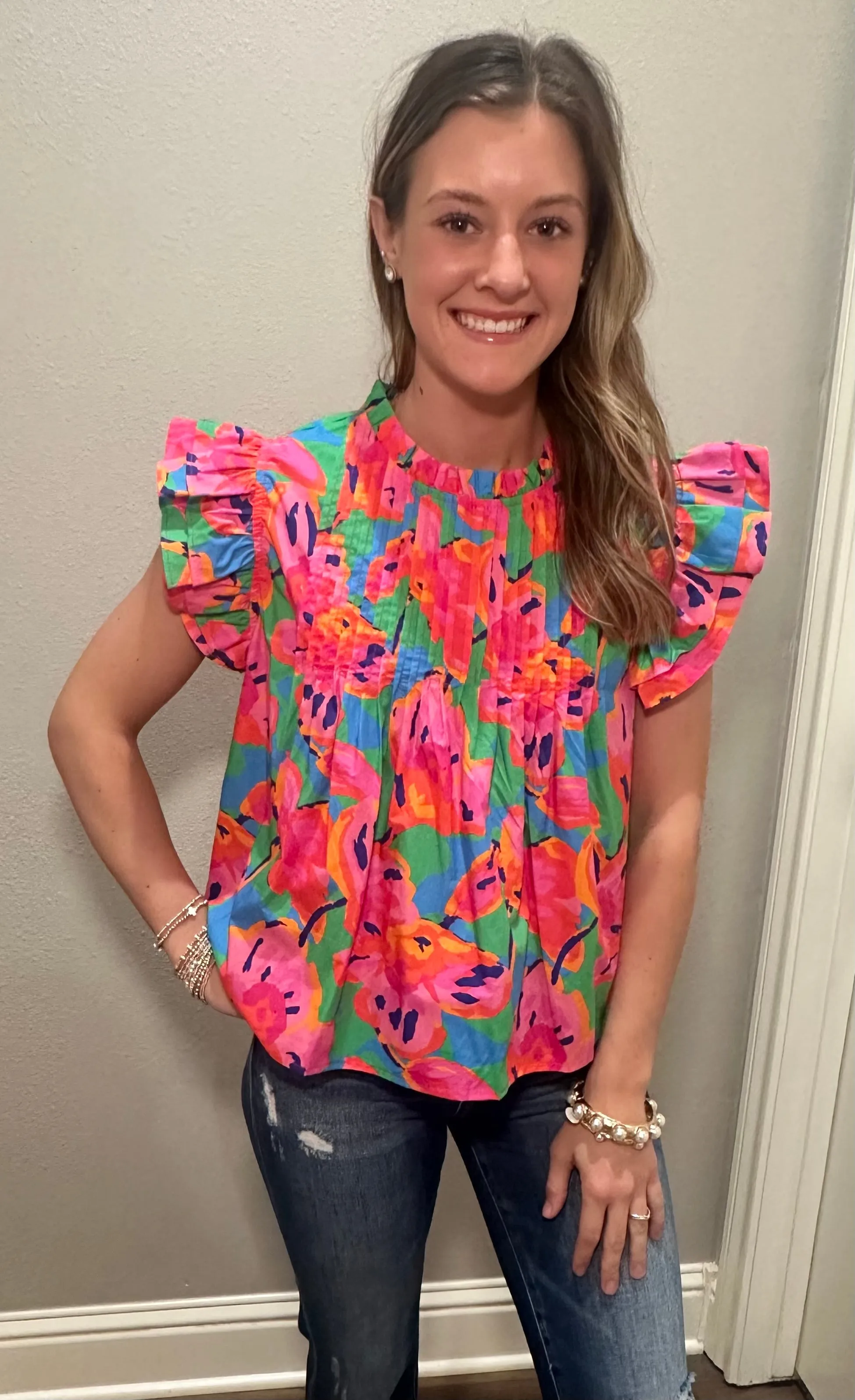Floral Printed Poplin Tank w/ Ruffle Sleeve Details