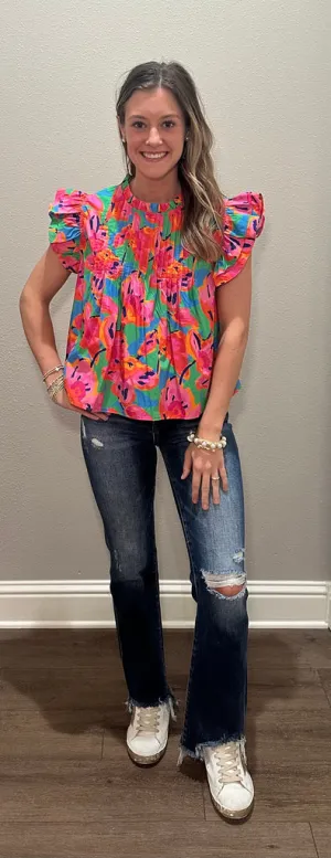 Floral Printed Poplin Tank w/ Ruffle Sleeve Details