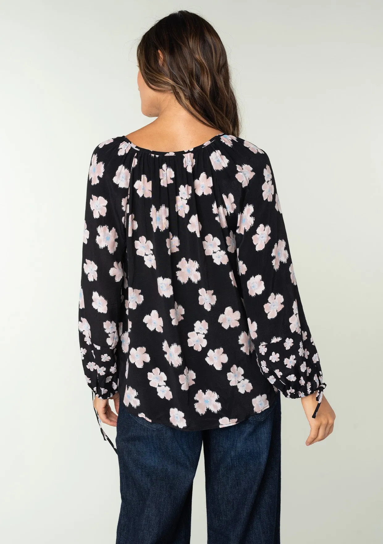 Floral Raglan Long Sleeve Tie Front Peasant Top