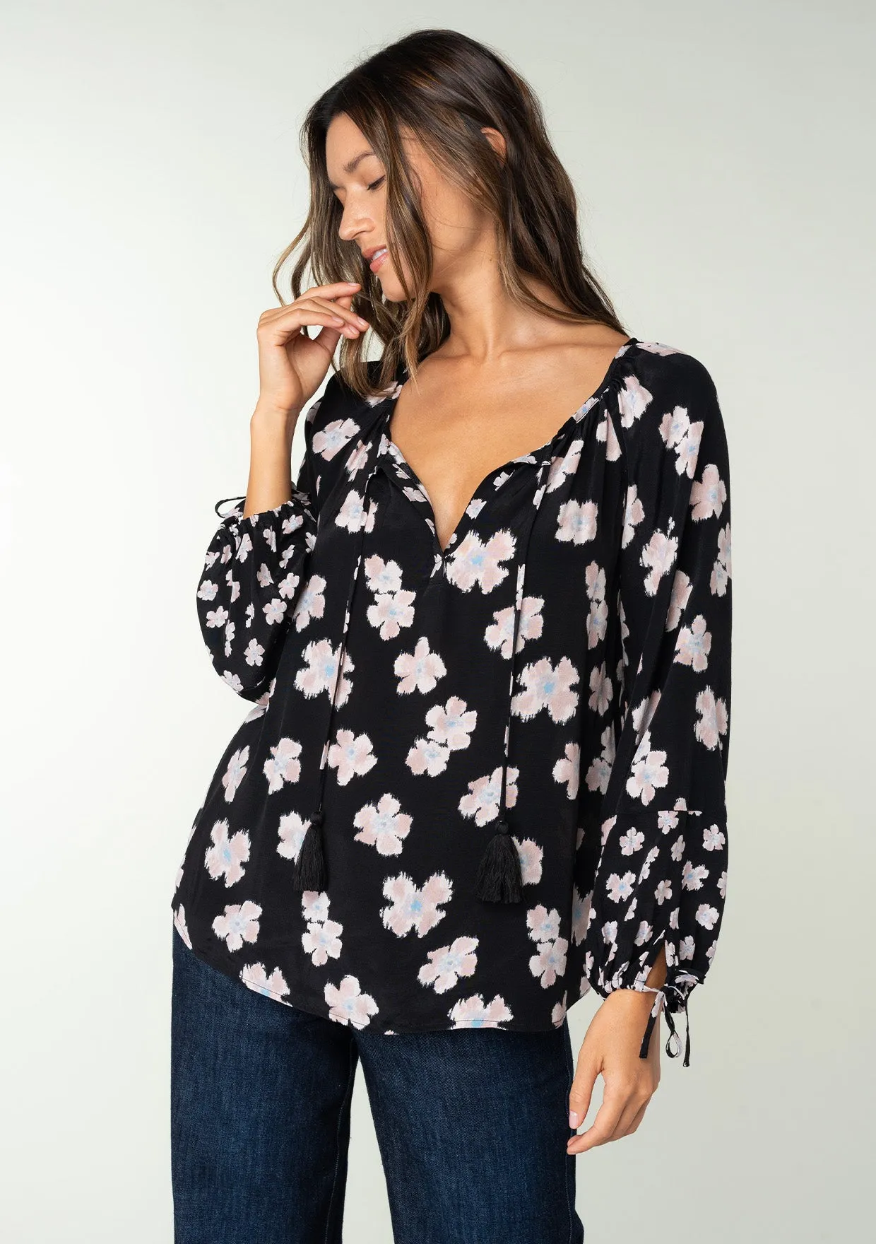 Floral Raglan Long Sleeve Tie Front Peasant Top