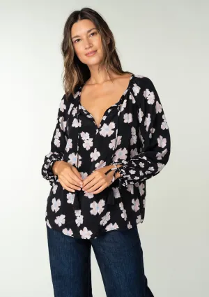 Floral Raglan Long Sleeve Tie Front Peasant Top