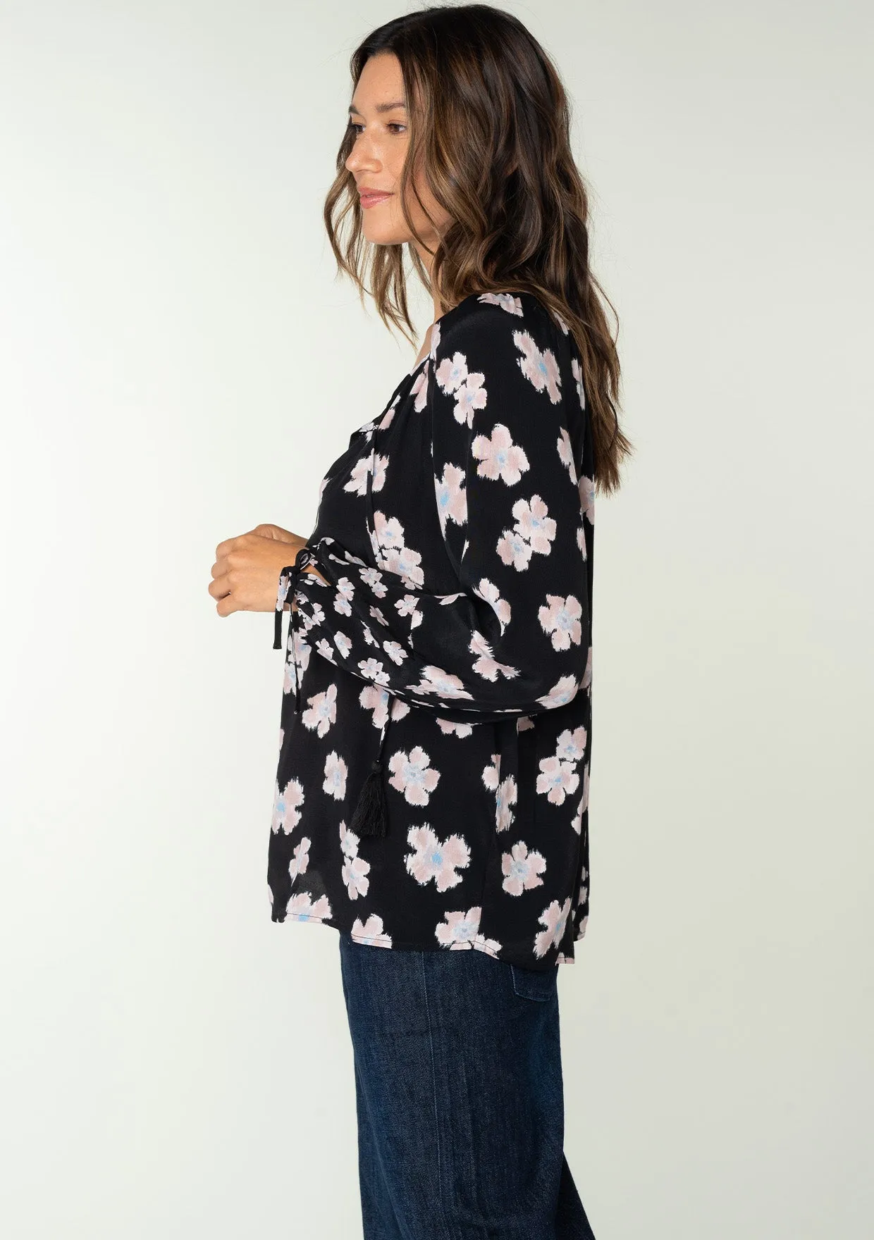 Floral Raglan Long Sleeve Tie Front Peasant Top