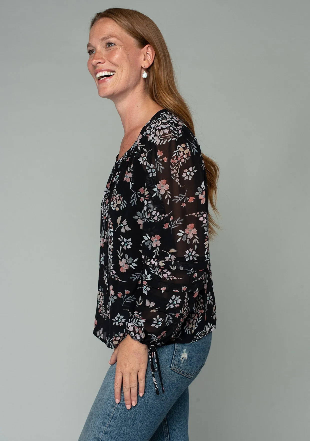 Floral Sheer Long Sleeve Button Front Blouse