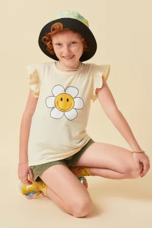 Floral Smile Print Textured Ruffled Tank