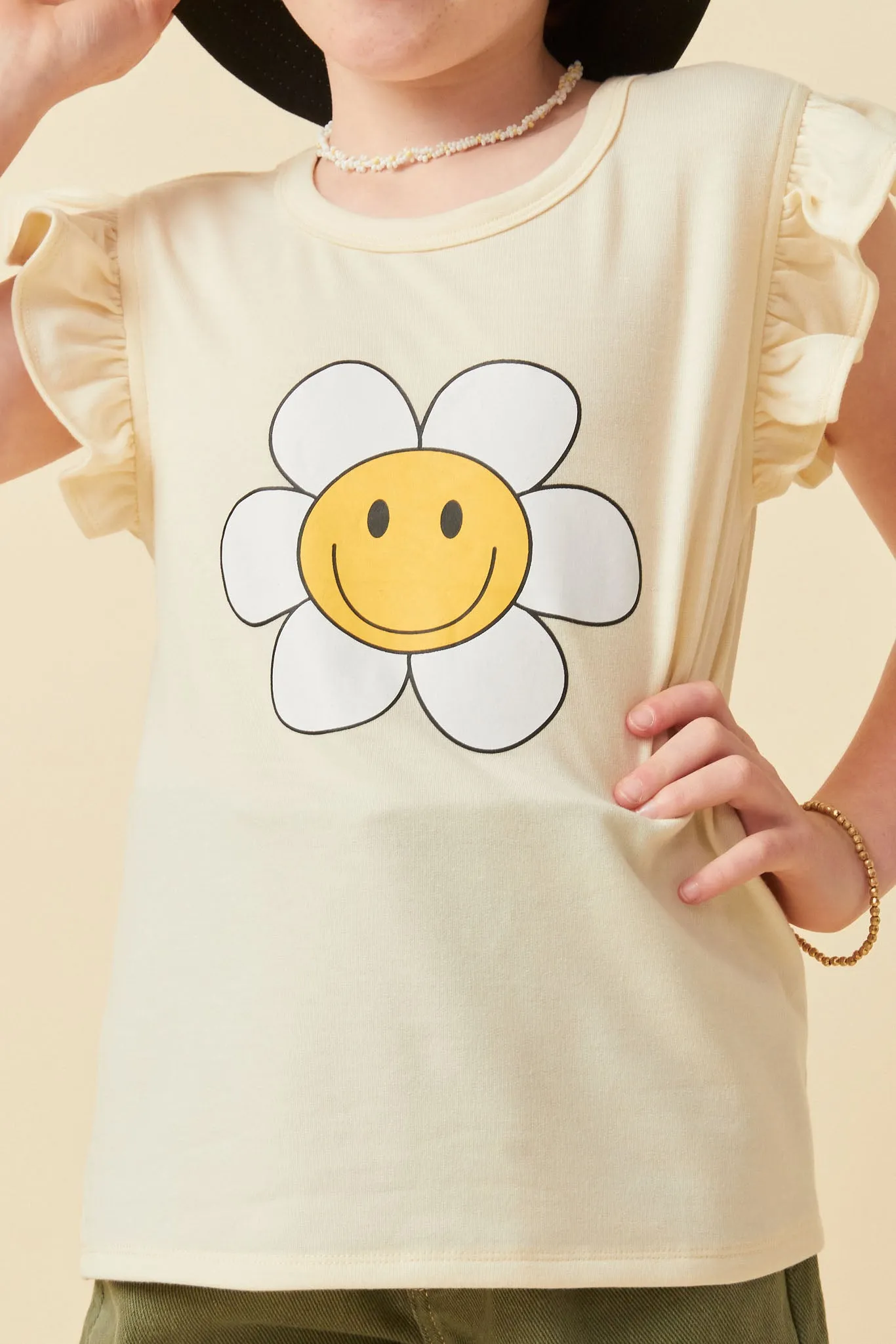 Floral Smile Print Textured Ruffled Tank
