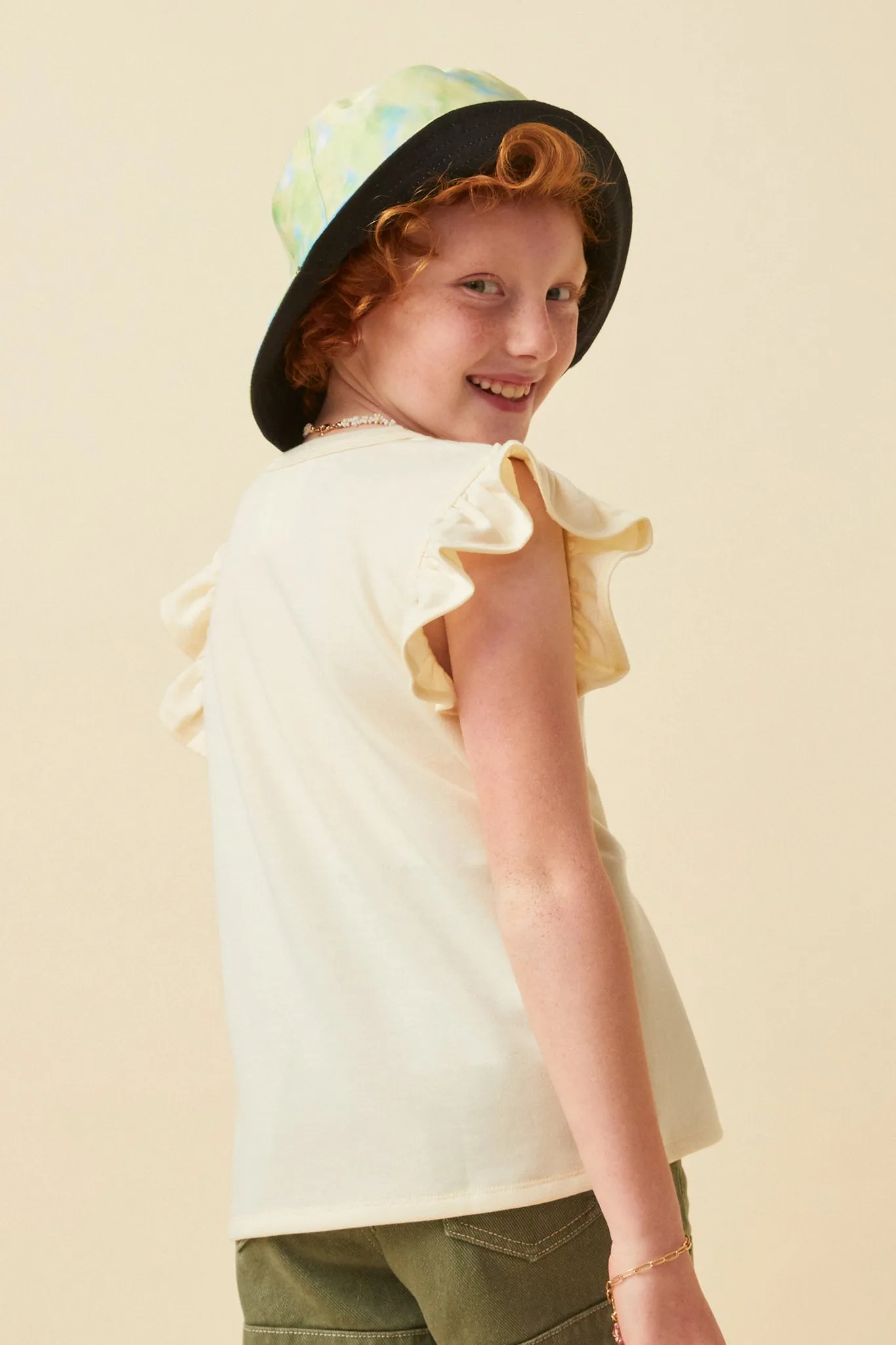 Floral Smile Print Textured Ruffled Tank