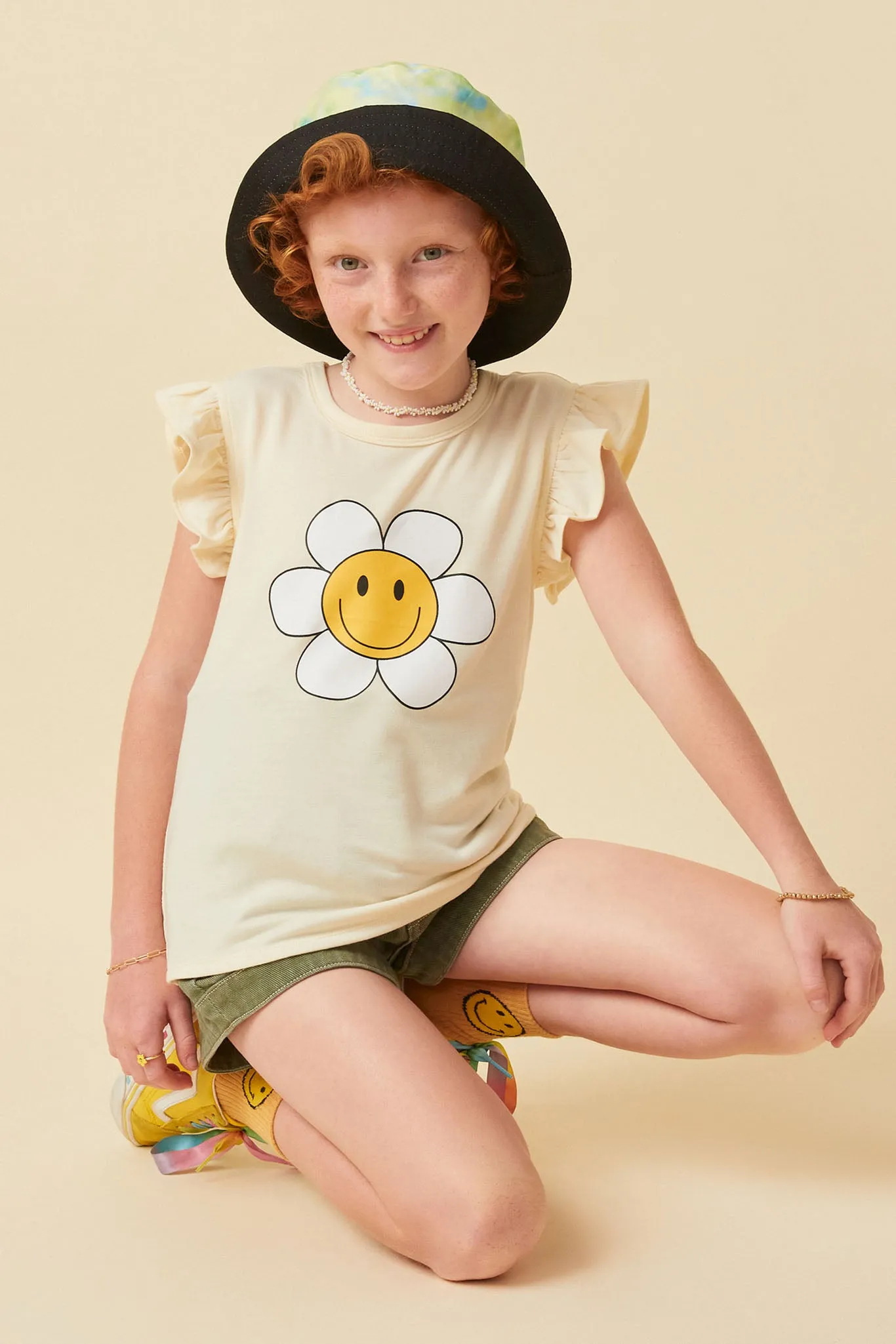 Floral Smile Print Textured Ruffled Tank
