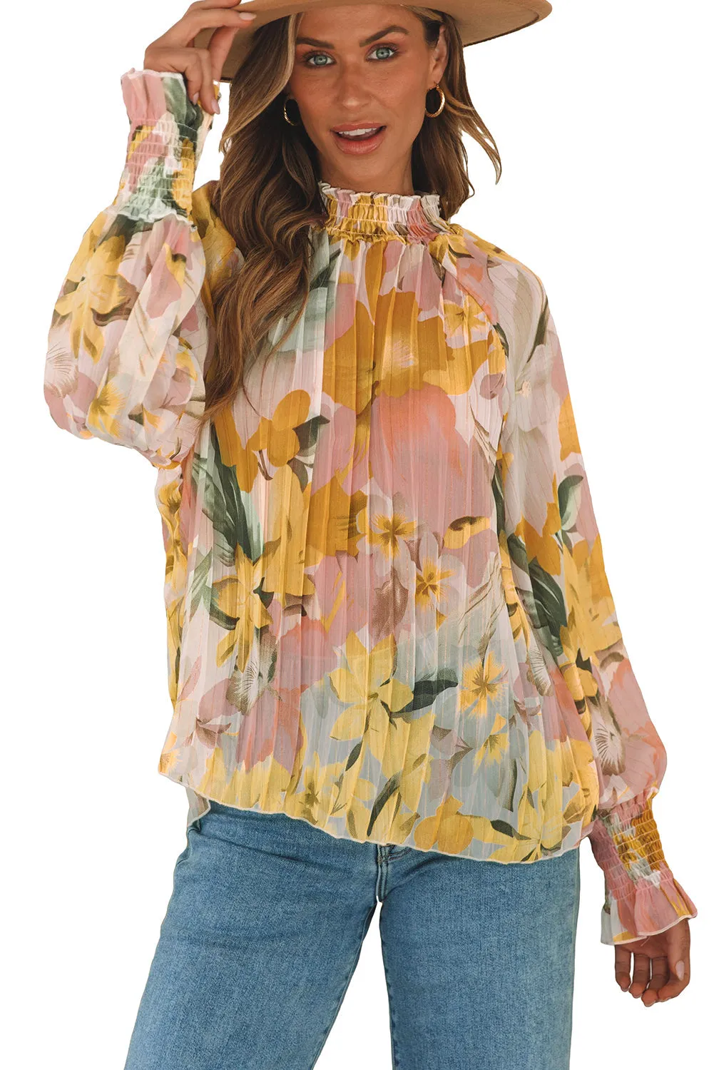 Flounce Sleeve Mock Neck Blouse