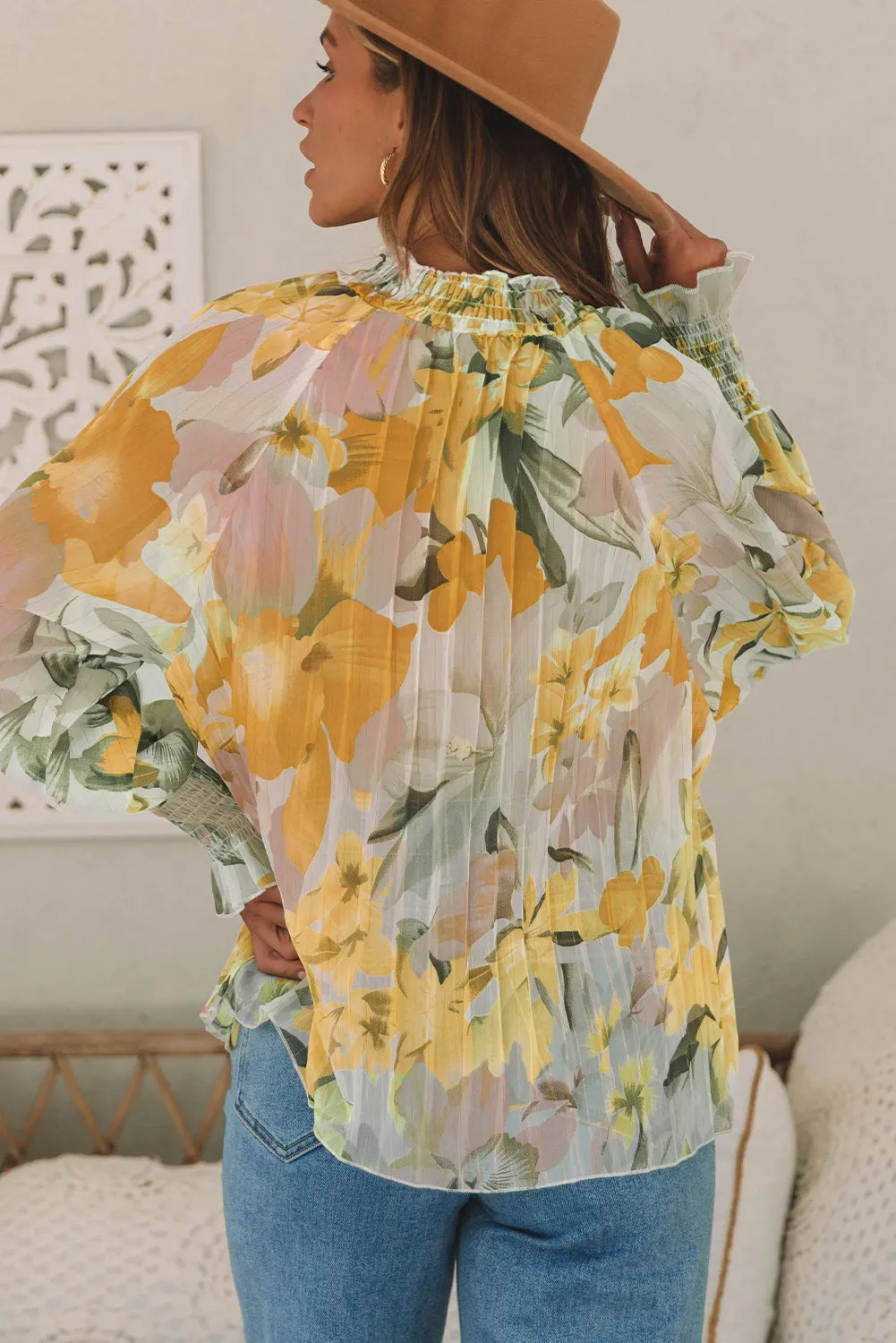 Flounce Sleeve Mock Neck Blouse