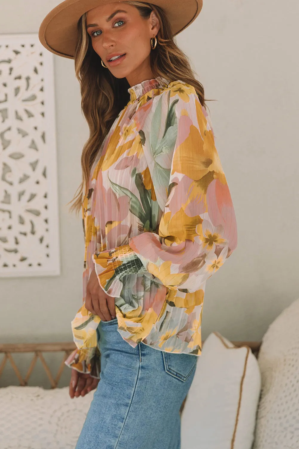 Flounce Sleeve Mock Neck Blouse