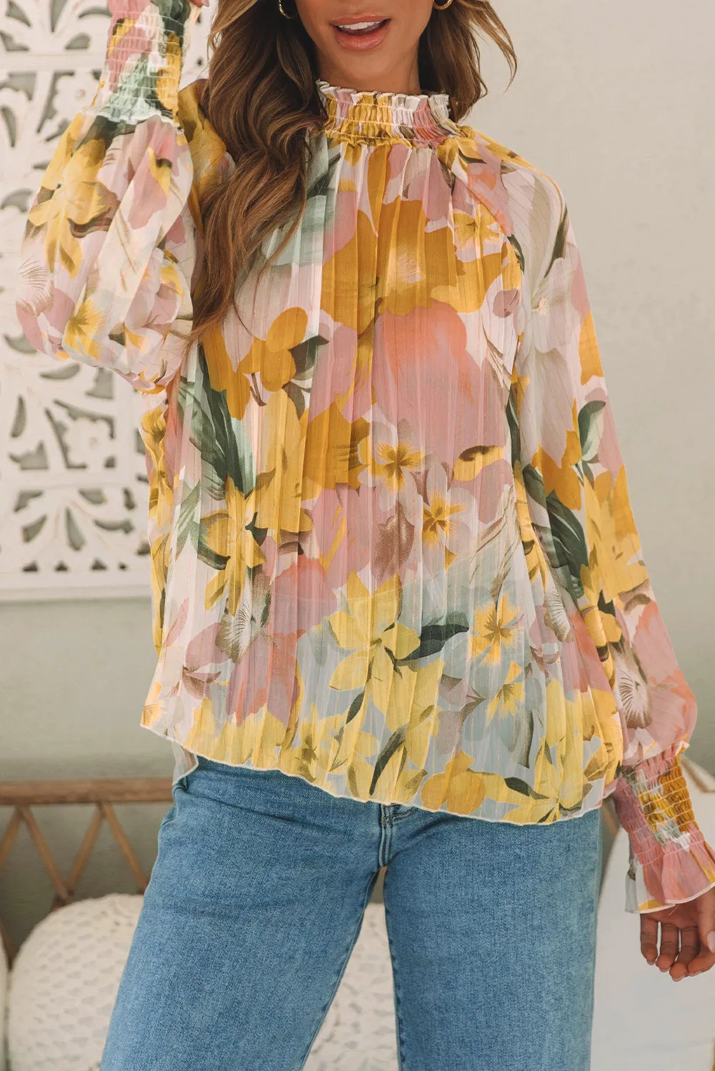 Flounce Sleeve Mock Neck Blouse