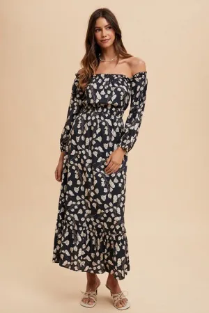 FLOWER PRINTED OFF THE SHOULDER MAXI DRESS