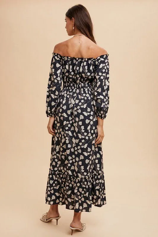 FLOWER PRINTED OFF THE SHOULDER MAXI DRESS