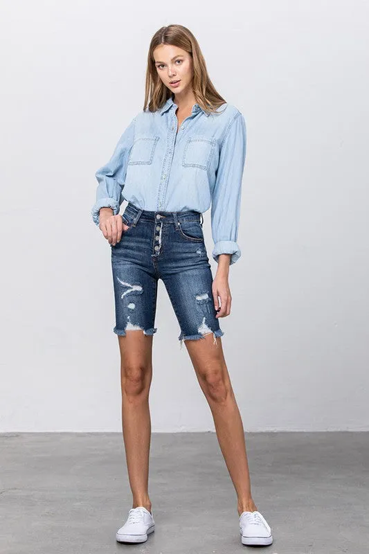 Frayed Raw Hem Ripped Bermuda Shorts