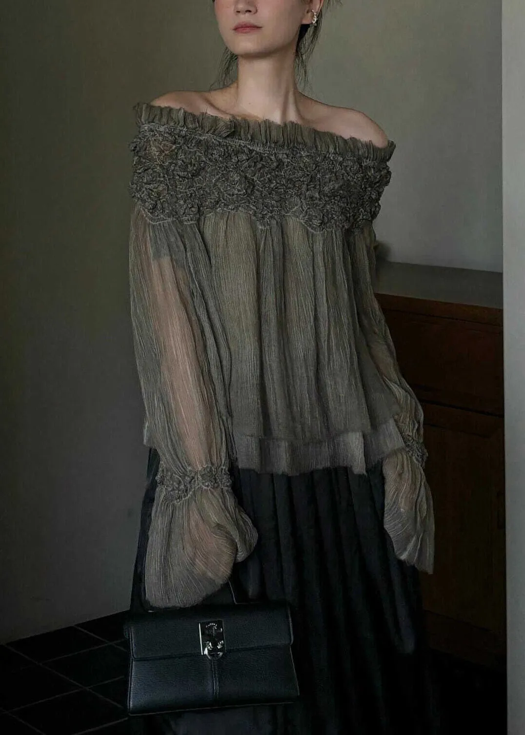 French Slash Neck Ruffled Patchwork Silk Cotton Top Fall AL1043