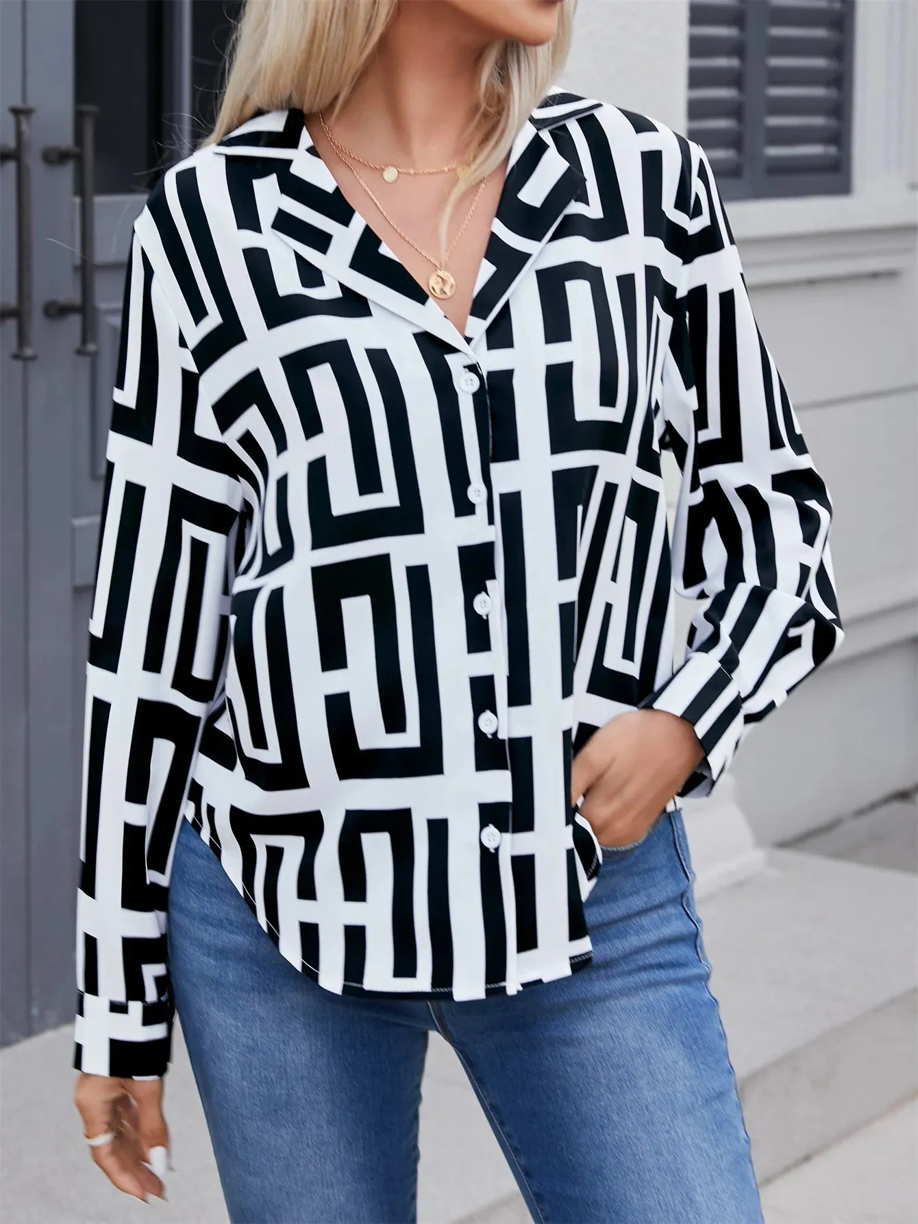 Geometric Printed Long-Sleeved Shirt