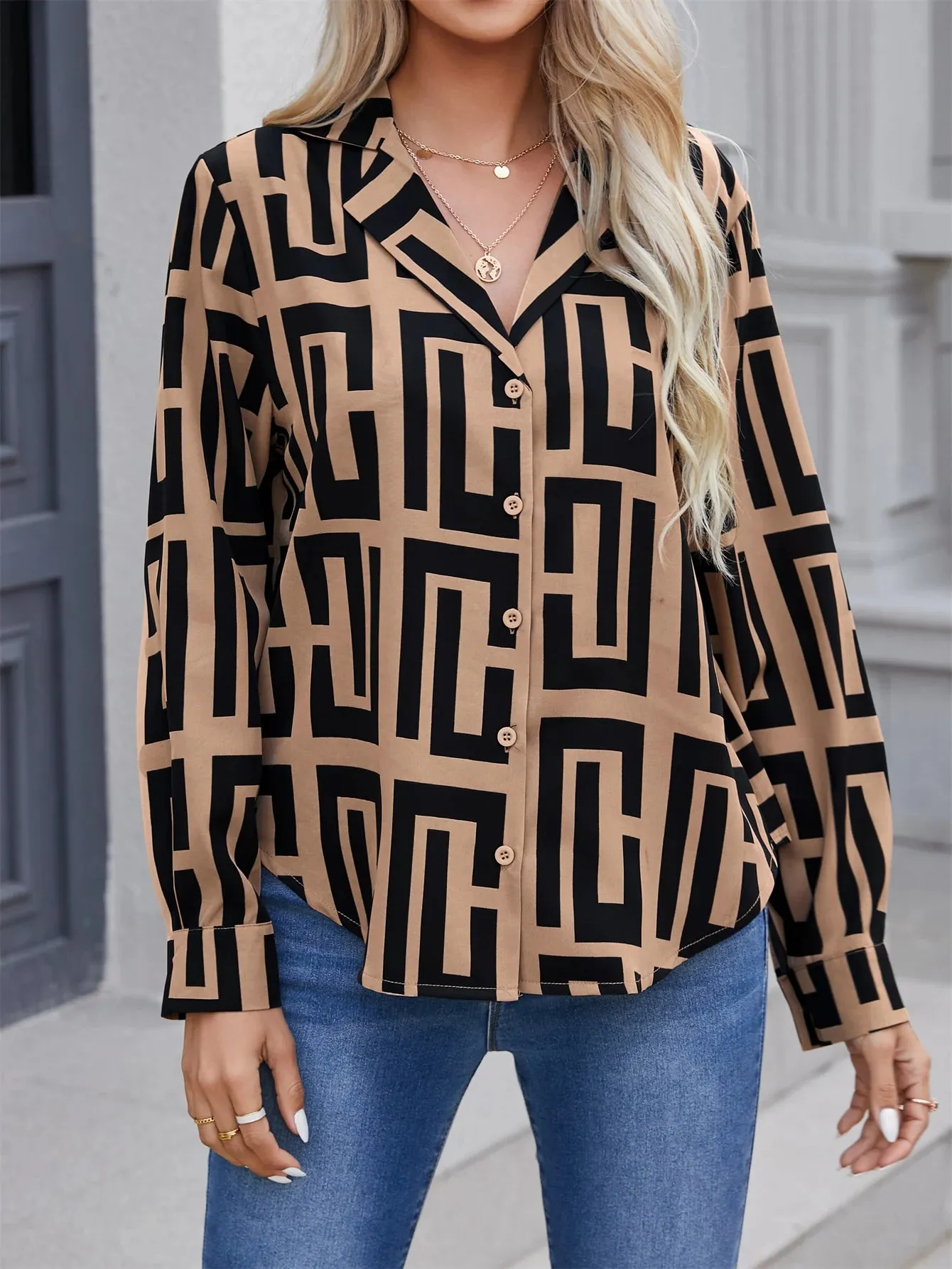 Geometric Printed Long-Sleeved Shirt