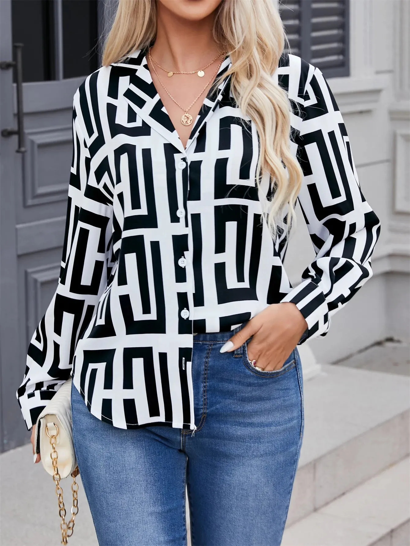 Geometric Printed Long-Sleeved Shirt