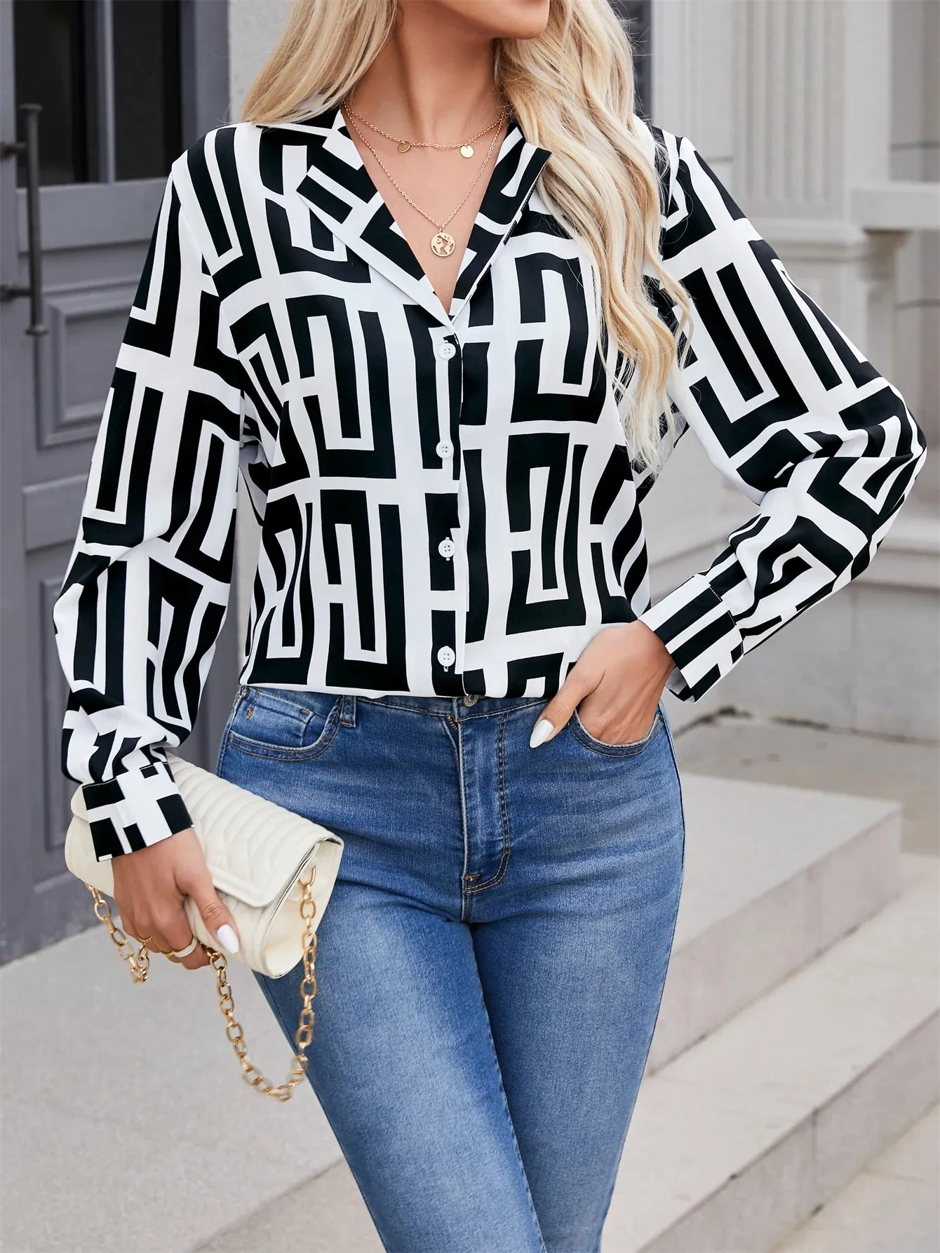 Geometric Printed Long-Sleeved Shirt